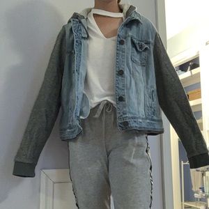 cute oversized jean jacket with comfy sleeves.